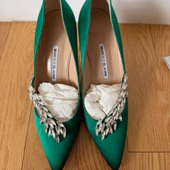 Nadira Green Satin Jewel Buckle Pumps - Picture 9 of 9